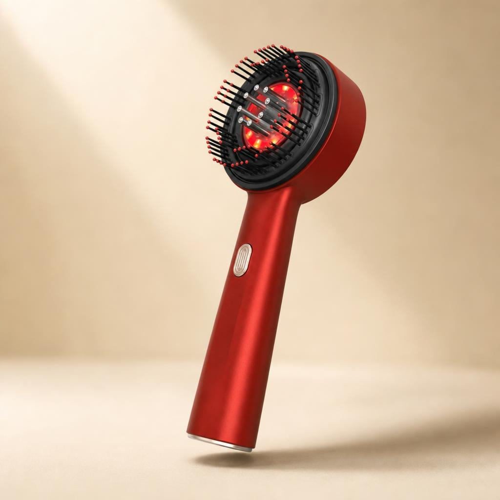 Blushvelle Root Ritual scalp brush standing upright with its red LEDs glowing