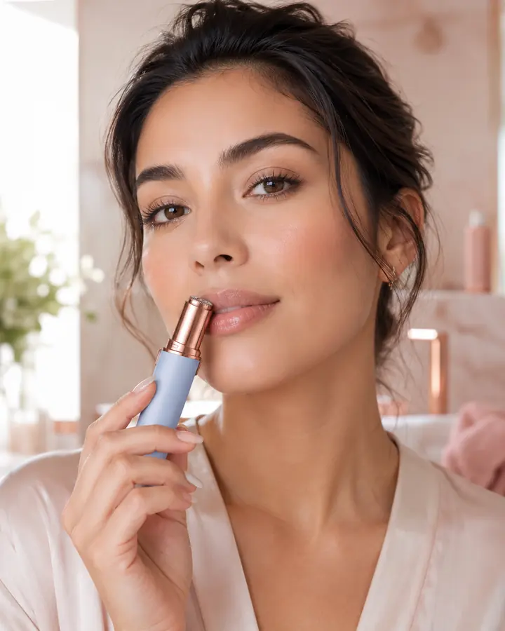 Woman applying Blushvelle Glow Razor Pro to her upper lip