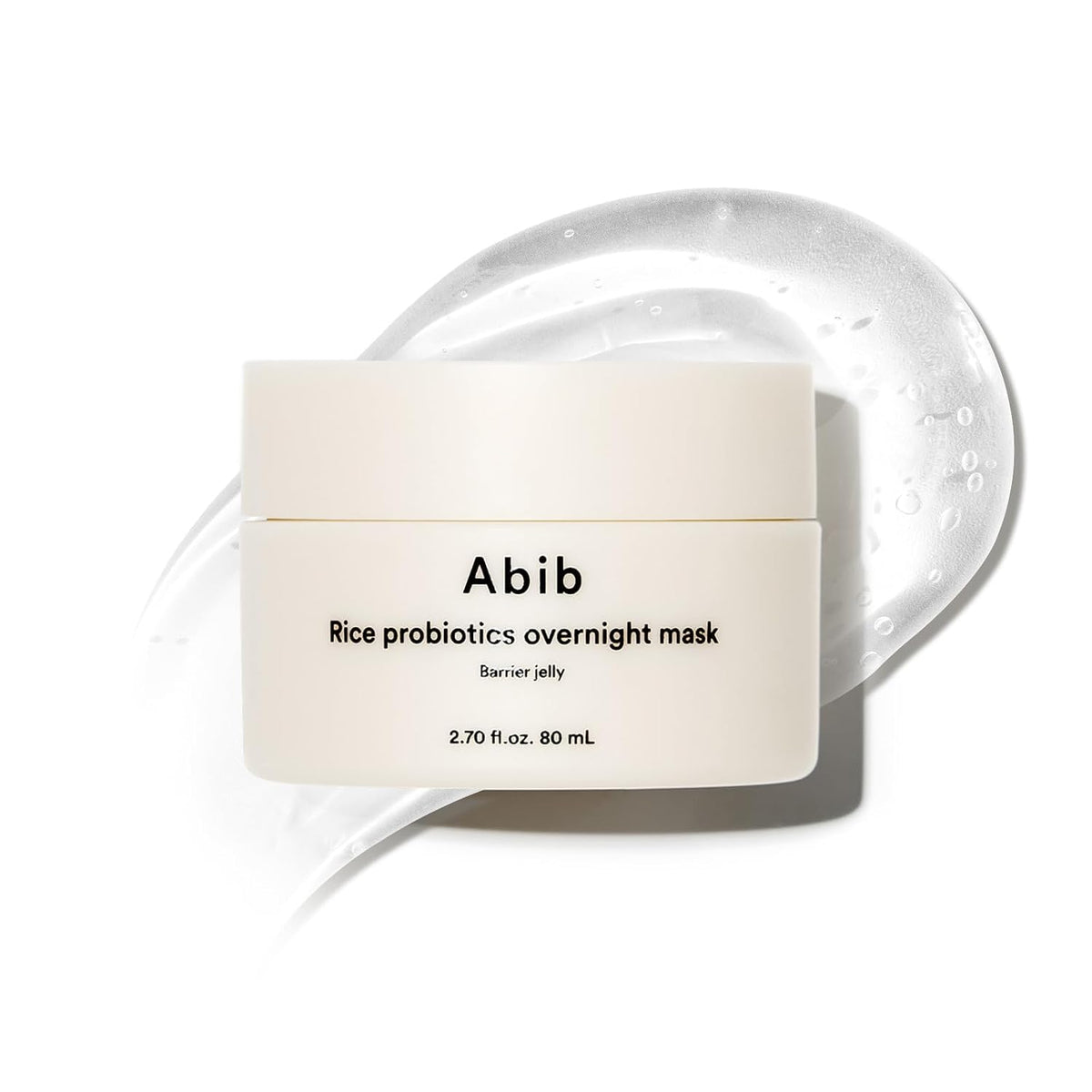 Abib Rice Probiotics Overnight Mask jar with a swatch of the jelly beside it