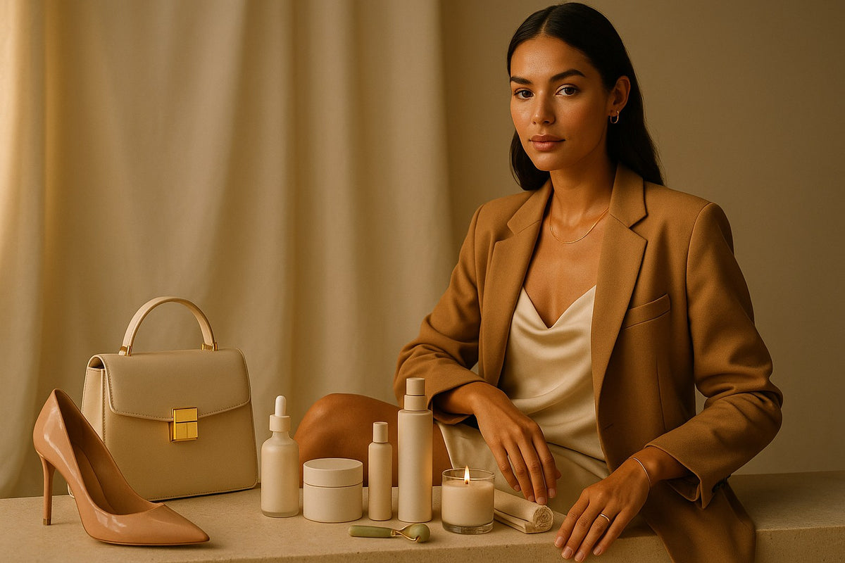 Blushvelle campaign: a woman seated beside beauty products, heels and a handbag in warm champagne light